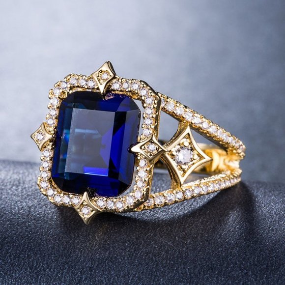 🍂 18K Gold Plated Luxury Stylish Blue CZ Wedding Ring, FB16FA1088 - Picture 2 of 4